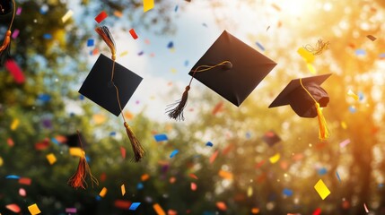 Graduation caps thrown in air with confetti