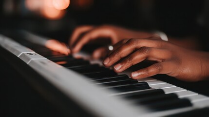 Fototapeta premium Close-up view of hands playing a digital piano in low light.