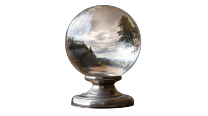 crystal ball on metal stand on white background