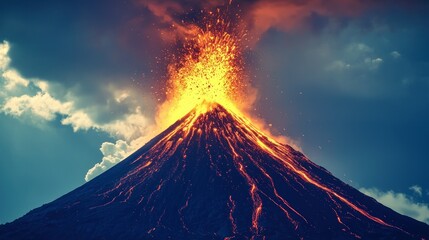 Spectacular Volcanic Eruption Under a Dramatic Sky Emitting Bright Lava