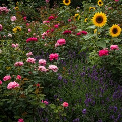 Fototapeta premium Vibrant Pink Roses Sunflowers and Lavender in Garden