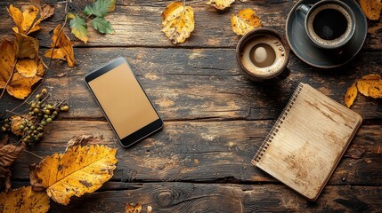 Cozy autumn workspace with fallen leaves coffee cup notebook and pen on a rustic wooden table  Flat lay composition with digital devices and office supplies in a setting
