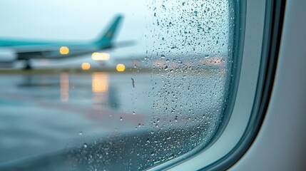 Raindrops on Airplane Window with Blurred Aircraft in Background