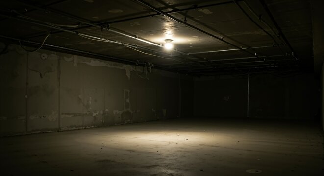 A single light bulb illuminates a dark, empty concrete room with pipes and wires on the ceiling, creating an eerie and abandoned atmosphere.
