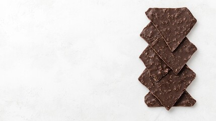 Fototapeta premium Crunchy chocolate bark pieces stacked on a white background.