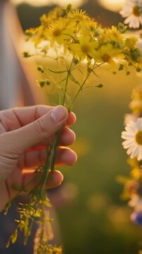 Woman holding wildflower wreath at sunset. Summer solstice celebration. Romantic Kupala Night festival. Midsummer traditions for greeting card