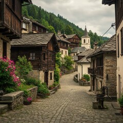 Obraz premium Charming Alpine Village Street with Stone Houses
