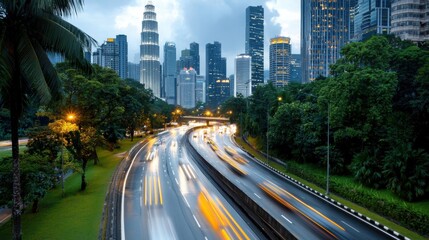 Towering skyscrapers and illuminated traffic on a futuristic urban landscape capturing the energy and dynamism of a bustling global metropolis at night