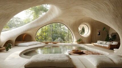 Organic Oasis Curved Futuristic Modern Architecture with Lush Indoor Pool and Serene Natural Surroundings  An Elegant Luxurious Sanctuary of Relaxation and Rejuvenation