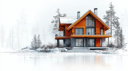 Picturesque Wooden Chalet Nestled in Snowy Winter Landscape with Surrounding Forest and Mountains in the Background