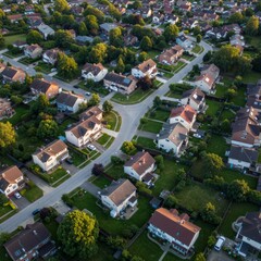 Fototapeta premium Aerial View of a Suburban Neighborhood with Lush Green Yards