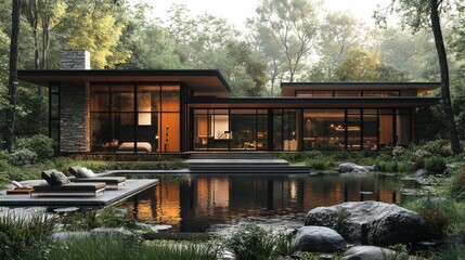 Luxurious modern glass and wood house surrounded by tranquil forest landscape with serene reflection pool  Elegant and eco friendly architectural design in a secluded nature inspired retreat