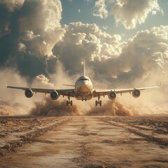 Dramatic image of a commercial airliner taking off against a moody atmospheric sky over a rugged dry desert landscape