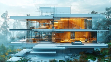 Exquisite modern glass and steel luxury home with minimalist architectural design set against a stunning lakefront landscape and surrounded by lush nature
