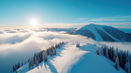 Breathtaking snowy mountain vista with skiers gliding through a serene winter wonderland of towering peaks evergreen forests