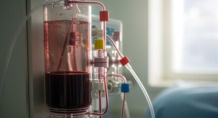 Dialysis Machine Close Up With Tubes and Red Liquid Displayed Under Natural Light in Hospital with Partially Visible Bed