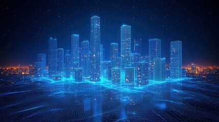 Stunning aerial view of a glowing futuristic city skyline with towering skyscrapers and high rise buildings illuminated at night  The cityscape reflects in the water creating a captivating