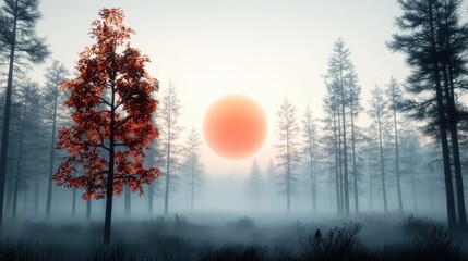 Glowing Autumn Tree in Misty Forest During Sunrise or Sunset  Vibrant fall foliage contrasts with the eerie atmospheric fog and warm golden light