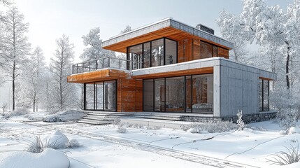 Cozy modern wooden cabin retreat nestled in a snowy winter landscape with panoramic glass overlooking the scenic forest and mountain view  Luxury property in a remote peaceful natural setting