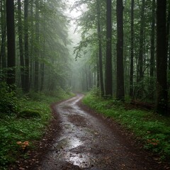 Fototapeta premium Rainy Forest Path: Green Trees and Winding Road