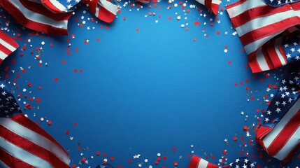 Fototapeta premium Festive Fourth of July Background American Flags Confetti on Blue