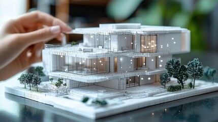 Detailed scale model of a modern high end residential home design showcasing the architectural features interior layout and surrounding natural landscape elements