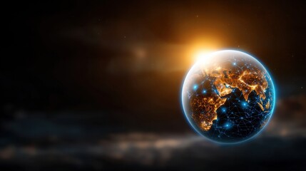 Glowing Planet Earth in Space with Illuminated Cityscape at Night  Global Digital of Atmosphere and Landscape Visible from Outer Space