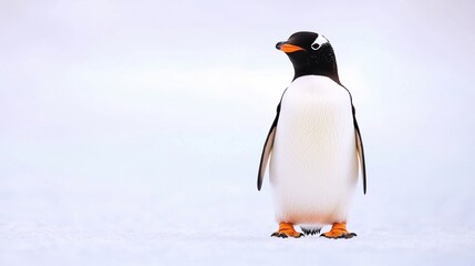 Obraz premium A single penguin stands on snowy ground, surrounded by a stark, icy white landscape.