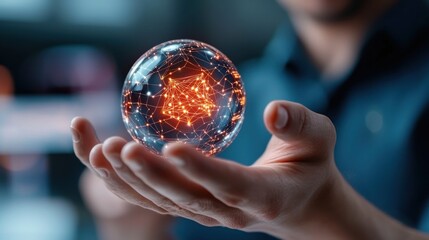 Close up of a human hand holding a glowing futuristic crystal ball with illuminated digital network connections representing the concept of innovation technology