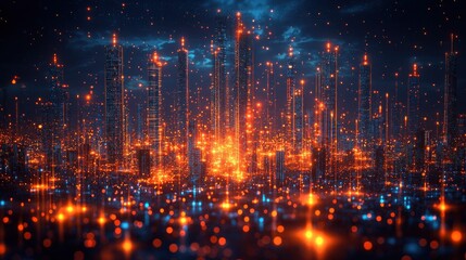 Breathtaking Nighttime Cityscape with Glowing Skyscrapers and Vibrant Illumination in Modern Metropolis  The image showcases a stunning night view of a bustling city with towering buildings