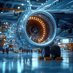 Closeup view of a large powerful jet engine with intricate turbine blades and a glowing blue light inside the aircraft engine nacelle  The engine is mounted on an aircraft
