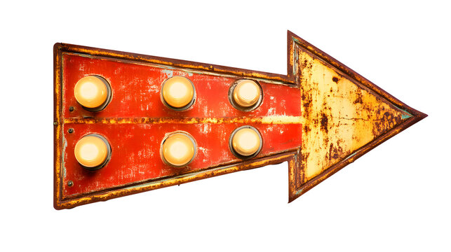 Vintage Arrow Sign with Light Bulbs and Rusty Red Metal Texture