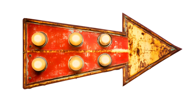 Vintage Arrow Sign with Light Bulbs and Rusty Red Metal Texture - Powered by Adobe