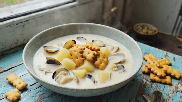 Creamy clam chowder soup recipe with potatoes crackers seafood delicious homemade food clamchowder chowder
