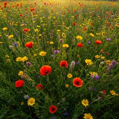 Fototapeta premium Vibrant Wildflower Meadow with Red Poppies and Yellow Flowers