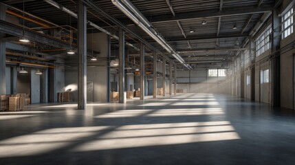 Industrial warehouse with concrete floors and steel beams, showcasing raw urban aesthetics and depth.
