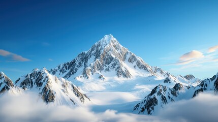 Majestic snow capped mountain peaks towering in a remote untouched wilderness landscape under a dramatic azure blue sky  This breathtaking