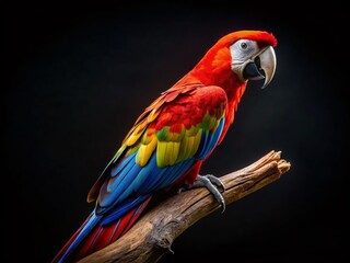 Fototapeta premium Scarlet Macaw Bird Logo Design, Black Background, Aerial View, White Outline