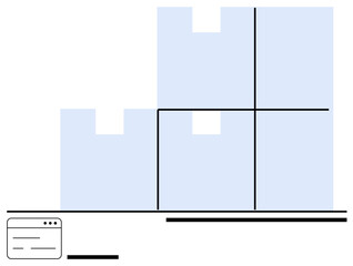 Geometric blueprint illustration with shaded rectangles and gridlines. Minimal browser-thumbs up card element displayed. Ideal for architecture, data organization, planning, UIUX, website design