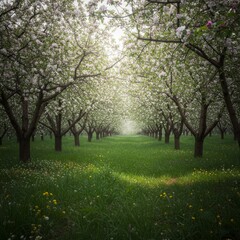 Naklejka premium Sunlit Path Through a Blooming Apple Orchard