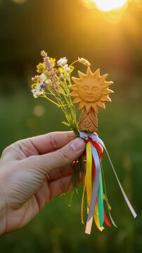 Woman holding floral wreath with ribbons at sunset. Midsummer night celebration, Kupala day gift. Traditional slavic pagan ritual for summer solstice