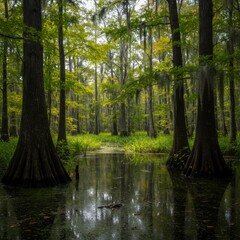 Fototapeta premium Dark Cypress Swamp Landscape With Still Water Reflection