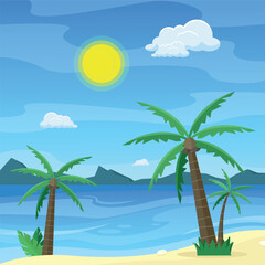Landscape with palm trees, ocean and mountains. Vacation on the island. Banner, postcard. Tourism.