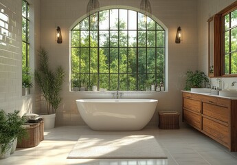 Fototapeta premium Luxurious bathroom, sunlit, large window, plants, wood vanity, relaxing