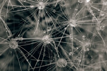Macro of dandelion seeds with dew drops in black and white.