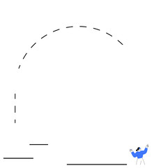 Dashed lines forming an arch symbolizing progress or achievement with a joyful person raising arms. Ideal for motivation, success, growth, strategy, innovation, teamwork, education, flat simple