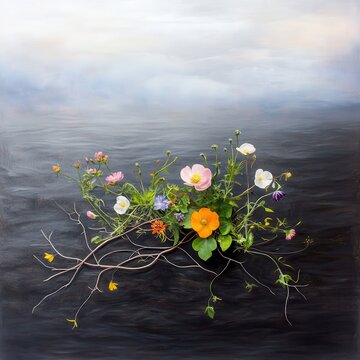 Nature's beauty hyperrealistic oil painting of overgrown wildflowers tranquil setting giga pixel detail