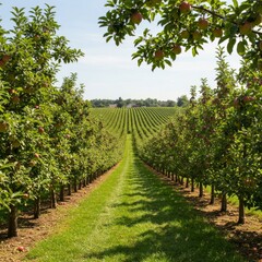 Naklejka premium Sunlit Apple Orchard Rows in Summer Countryside