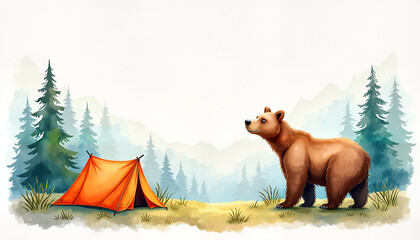Fototapeta premium Bear observing tent in forest landscape 