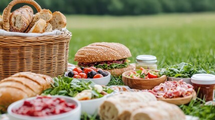 Perfect Picnic Spread with Fresh Bread, Salads, and Delicious Treats